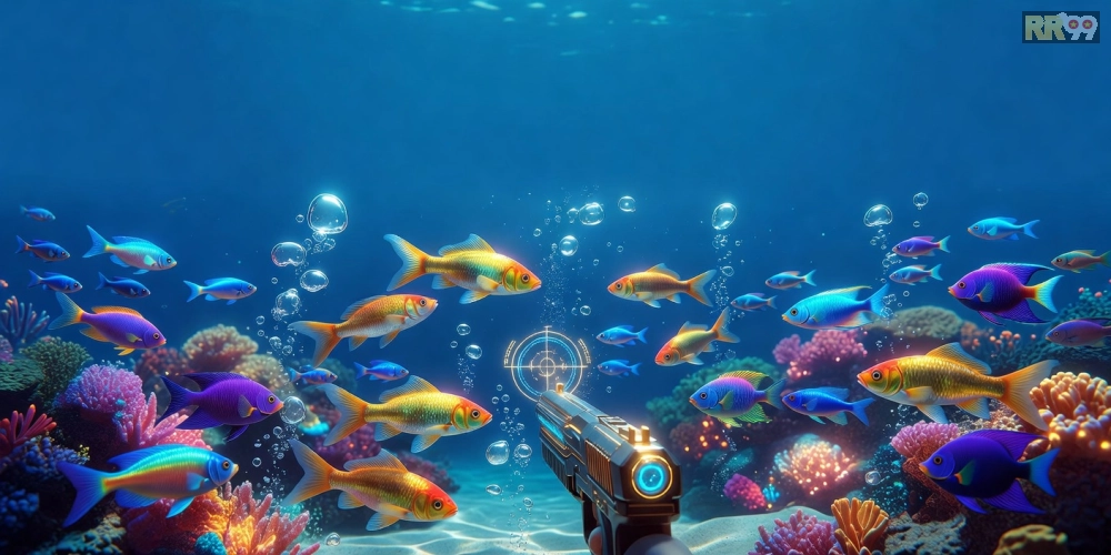 Minh họa giao diện trò chơi bắn cá vàng 69vn với cá vàng lấp lánh và súng bắn đa dạng